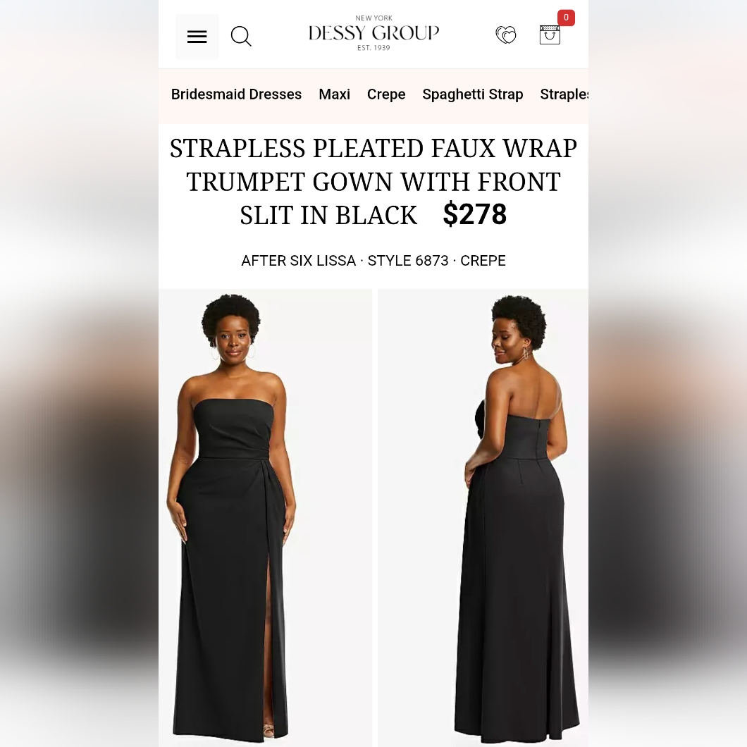 Strapless Pleated Faux Wrap Trumpet Gown With Front Slit In Black Sz 12 *Flawed*